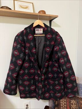 Kristen Blake Black Wool Jacket with Red & Gray Diamond Pattern Size M